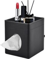 Tissue Box Cover Square Tissue Box Holder PU Leather Facial Tissues Organizer with Storage Tray for Bathroom Vanity Bedroom Office Car, Stylish Napkin Caddy Decorative Organizer (Black)