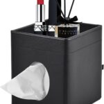 Tissue Box Cover Square Tissue Box Holder PU Leather Facial Tissues Organizer with Storage Tray for Bathroom Vanity Bedroom Office Car, Stylish Napkin Caddy Decorative Organizer (Black)