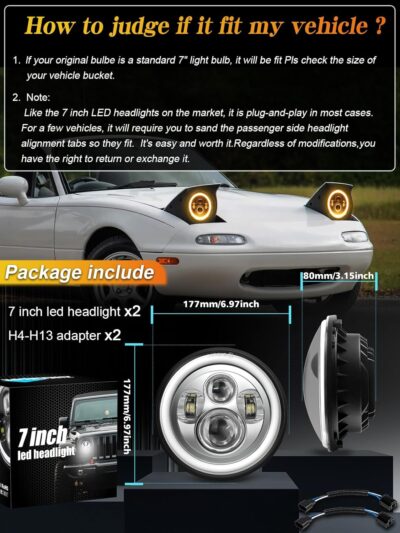 ZIMABLUE 7 inch led Headlight Chrome Round Projector 7 inch Halo led Headlight H6024 DOT Approved Hi/Lo Beam DRL Amber Turn Signal Compatible with Jeep Wrangler JK TJ CJ Compatible with Chevy miata - Image 6