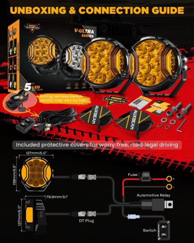 Auxbeam V-Ultra Series Side Shooter Light Bar, 5Inch 172W Round Offroad Lights LED Pods 20400LM, Amber DRL & Spotlight Dual Color 270° Wider Off Road Lighting with Protective Covers, Pair - Image 8