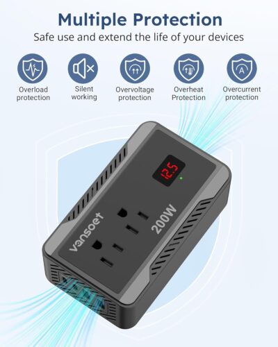 200W Car Power Inverter DC 12V to 110V AC Converter with [PD 30W & 15W] Fast Charging USB C/3.0A Dual USB Charging Ports, Car Outlet Adapter for Phone, Laptop on Road Trip (Black) - Image 6