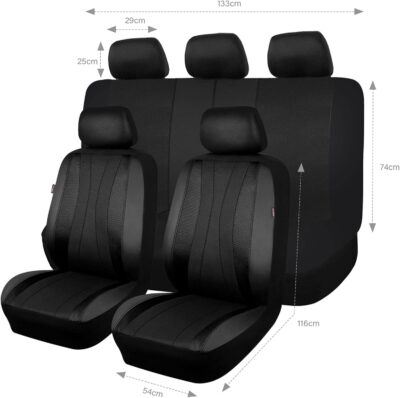 Flying Banner car seat Covers Full Set Faux Leather Air Mesh Breathable Man Lady Airbag Compatible Rear Bench Split 40/60 50/50 60/40 Truck Pick Up (Full Set - Low Back, Black Black) - Image 8