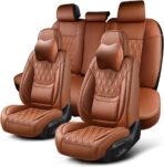 Car Seat Covers Full Set, Breathable Leather Automotive Front and Rear Seat Covers & Headrest, Universal Automotive Vehicle Seat Cover for Most Sedan SUV Pick-up Trucks, Brown