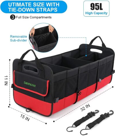 Simniam Large Trunk Organizer for Car, Foldable Multi Compartment Car Trunk Organizer with 2 Retractable Straps, Suitable for All Kinds of Cars, SUV, Minivan - 4 Compartments Red - Image 3