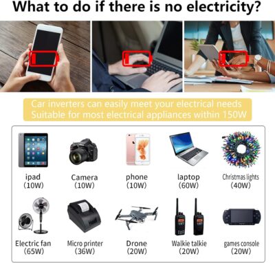 150W Power Inverter 12V DC to 110V AC Car Plug Adapter Outlet Converter with 3.1A Dual USB AC car Charger for Laptop Computer Black - Image 4