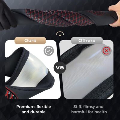 Coverado Car Steering Wheel Cover, Nappa Leather Black & Redline Steering Wheel Covers, Universal 14-15 inch, Anti-Slip, Breathable Steering Wheel Protector for Women Men - Image 8