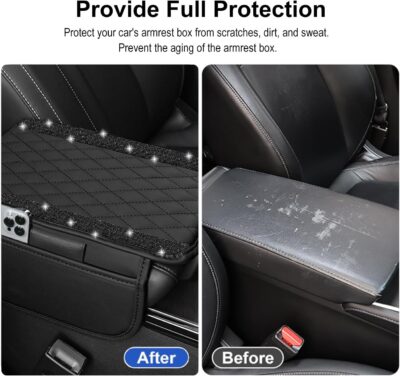 NBTEPEM Bling Car Center Console Cover, Leather Car Arm Rest Cover Cushion with 2 Storage Bags, Universal Automotive Armrest Protector Storage Box, Bling Accessories Interior for Most Vehicles (Black) - Image 6