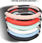 14 inch Cute D Shaped Steering Wheel Cover for Women Men Faux Leather and Carbon Fiber,Black - Image 3