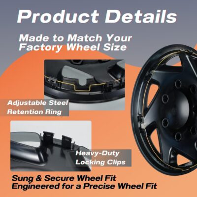 16 Inch Hubcaps Compatible with 1992-2014 Ford E150 E250 E350 Van 8 Lug Factory Steel Wheel, Snap-On Wheel Covers, Durable ABS Replacement Hubcaps Set of 4 (Black) - Image 5