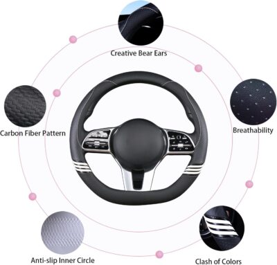 14 inch Cute D Shaped Steering Wheel Cover for Women Men Faux Leather and Carbon Fiber,Black - Image 5