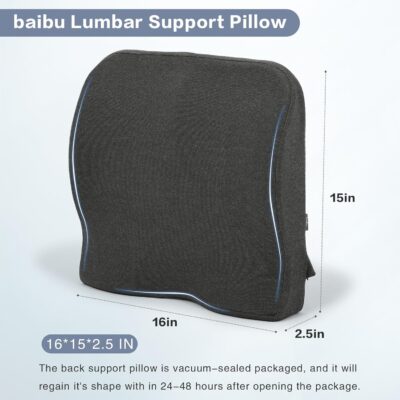 baibu Lumbar Support Pillow for Office Chair, Memory Foam Back Support Cushions Ergonomic Orthopedic Lumbar Pillow for Home, Office, Car, Dark Grey - Image 2