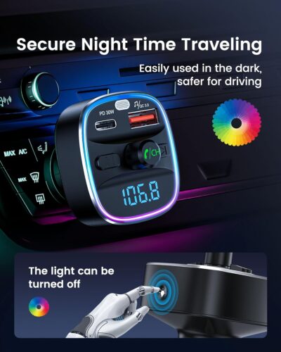 LENCENT Bluetooth 5.4 FM Transmitter Car Adapter 48W [PD 30W & 18W] [7 Color Light] [Fast Charging] Wireless Radio Music Adapter Hands-Free Calling, Support USB Drive & TF Card - Image 7