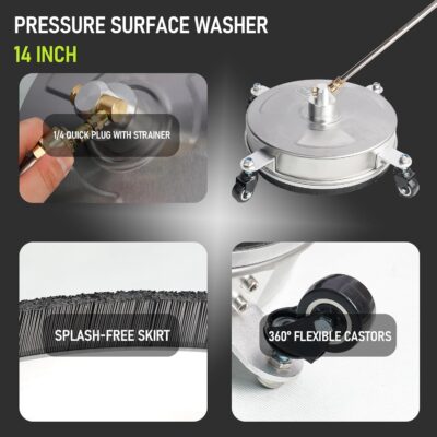 Hourleey 14" Pressure Washer Surface Cleaner, Stainless Steel Surface Cleaner with 4 Wheels for Concrete, Patio, Sidewalk, Deck, Pathway 1/4" Quick Connector, 2 Extension Wand, 4000 PSI - Image 5