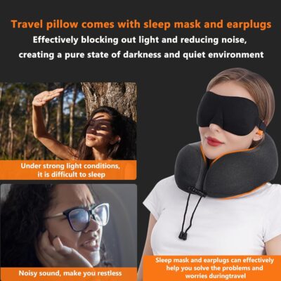 MLVOC Neck Pillow for Traveling, Upgraded 100% Pure Memory Foam Travel Neck Pillow for Airplane Flight Sleep, Breathable & Machine Washable Cover, Travel Kit with 3D Eye Mask, Earplugs & Bag, Black - Image 3
