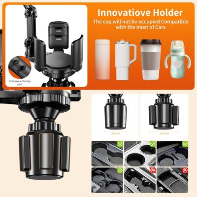 Phone Holders for Your Car, 2 in 1 Cup Holder Phone Mount with Expander, Secure Hold, Adjustable Base and Long Arm with 360°Rotation Car Phone Holder for 4-7‘’ devices and Up to 5.31'' Most Bottles - Image 4