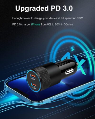 60W USB C Car Charger, Dual PD 3.0 Fast Charging Adapter Flush Fit Cigarette Lighter Plug for iPhone 17e 17 16 15 Pro Max 16e, Galaxy S26 S25 S24 Ultra S23, Google 10 9 Pro XL Type C Car Charger Block - Image 3