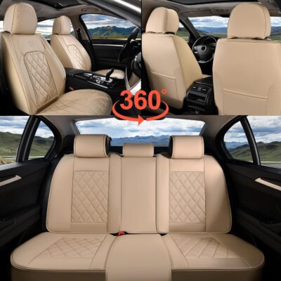 Coverado Car Seat Covers Full Set, Luxury Faux Leather Waterproof Seat Cover, 5 Seat Universal Seat Covers for Cars, Front and Back Car Seat Protector, Beige Leather Seat Cover Fit for Most Cars - Image 6