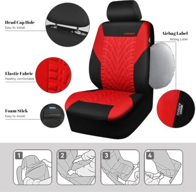 CAR PASS Car Seat Covers Full Sets, Front & Split Rear Bench for Car, 3D Tyre Embossed Automotive Interior Covers, Airbag Compatible, Quick Setup Universal Fit Seat Covers for Car, SUV(Black Red) - Image 4