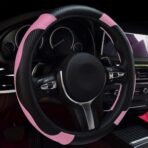 Leather Car Steering Wheel Cover, 15 Inch Anti-Slip Carbon Fiber Black Steering Wheel Cover, Universal Car Interior Accessories for Trucks Sedans SUVs (Black & Pink)