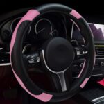 Leather Car Steering Wheel Cover, 15 Inch Anti-Slip Carbon Fiber Black Steering Wheel Cover, Universal Car Interior Accessories for Trucks Sedans SUVs (Black & Pink)