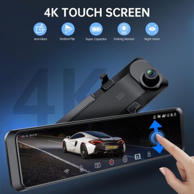 4K Rear View Mirror Camera, 12'' Mirror Dash Cam, 4K/2.5K Backup Camera for Car, WiFi/GPS Dash Cam Front and Rear with 32GB Card, APP, Voice Control, WDR Night Vision, Reverse Assist (Black) - Image 3
