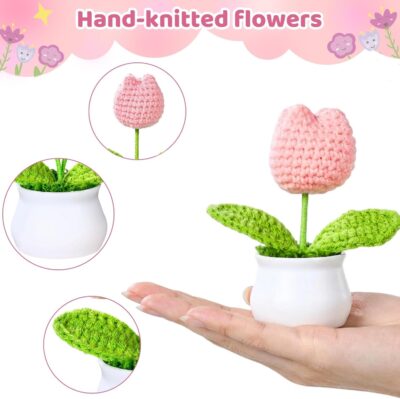 3 PCS Crochet Flower Pot,Crochet Tulip Small Potted Plants Handmade Knitted Flower Mothers Day Valentines Gifts Desk Car Dashboard Decor Gifts - Image 3