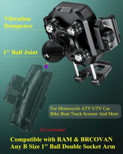 BRCOVAN 1'' Ball Phone Mount Holder with Vibration Dampener, Compatible with RAM Mounts B Size Double Socket Arm, Adjustable fit 5.4-7.2'' Phone, for Motorcycle ATV UTV Car Bike Boat Truck Scooter - Image 3