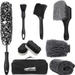 9Pcs Car Wheel & Tire Brush Kit, Wheel Cleaner Brush, Soft-bristled Rim Brush, Car Drying Towel (36"x 24"), Tire Shine Applicator Pad, Car Wash Mitt, Car Detailing Cleaning Wash Brush Supplies Kit