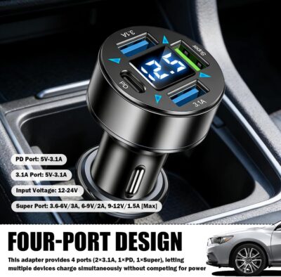4 Ports Car Charger Adapter,12V/24V Car Cigarette Lighter USB Charger Including 3.1A/PD/Super Fast Charging Ports,Upgraded Cars Phone Chargers with LED Voltage Display & Soft Light - Image 3