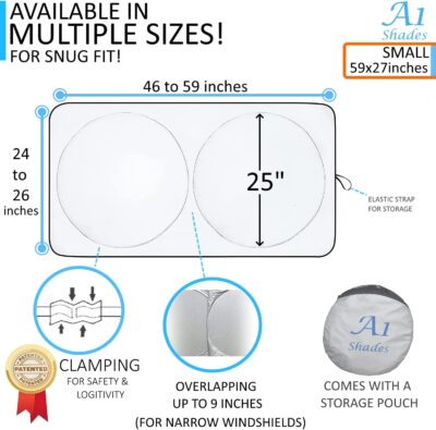 Car Sun Shade with Storage Pouch by A1 Sunshades Shield Protector Blocker Retractable Cover Sunscreen Auto Interior Accessories Visor Small - Image 2