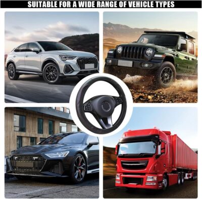 Car Steering Wheel Cover, 15 Inch Carbon Fiber Leather Elastic Steering Wheel Protector, Anti-Slip, Breathable & Soft Car Interior Accessories Universal for Most Cars, Men & Women (Black) - Image 4