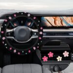 Cute Embroidered Flower Steering Wheel Cover with 4Pcs Air Vent Clips - Universal 14-15 Inch Floral Car Wheel Protector for Women Girls, Vintage Pink Flowers Car Interior Decoration for SUV Truck
