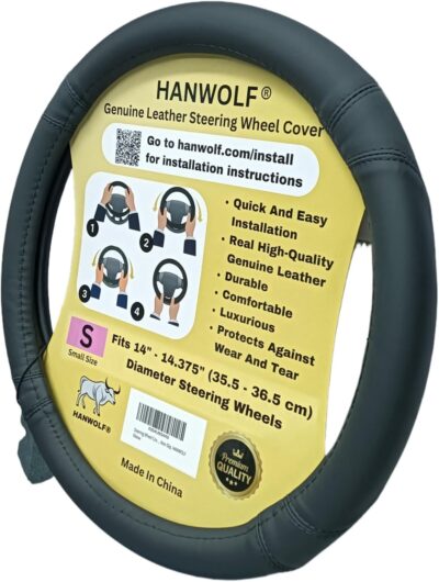 Steering Wheel Cover, Black, Real Genuine Leather, Small, 14 inch, for Men and Women, Universal, Stretch On, Heat Resistant, Stays Cool, Non-Slip, HANWOLF - Image 8