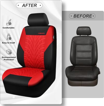 CAR PASS Car Seat Covers Full Sets, Front & Split Rear Bench for Car, 3D Tyre Embossed Automotive Interior Covers, Airbag Compatible, Quick Setup Universal Fit Seat Covers for Car, SUV(Black Red) - Image 6
