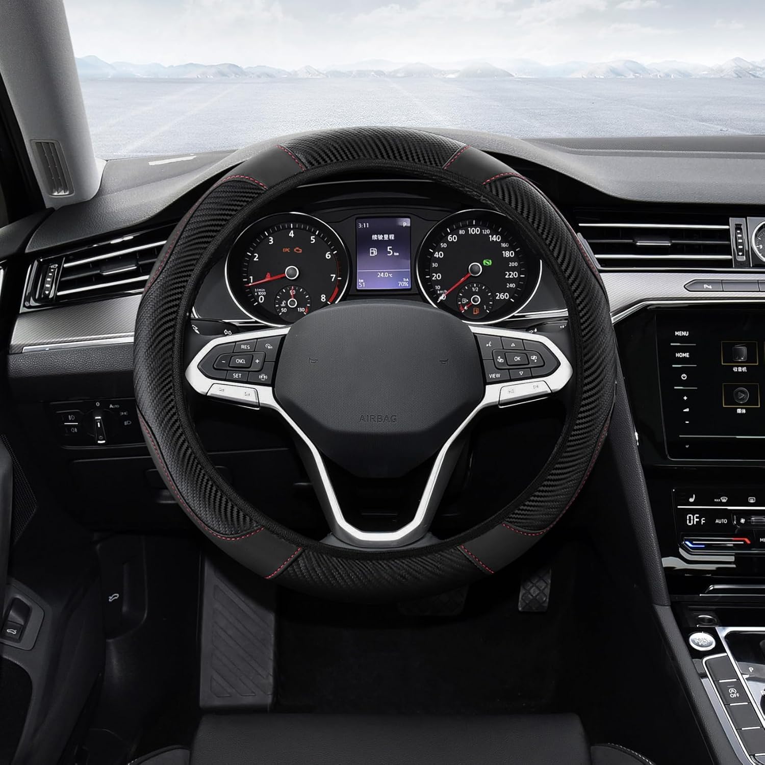 71t-UYPJ2NL._AC_SL1500_.jpg Car Steering Wheel Cover, Steering Wheel Protector, Universal 14.5-15 Inch Microfiber Leather Breathable Auto Steering Wheel Covers, Carbon Fiber Steering Wheel Cover for Women Men (Black) - Image 1