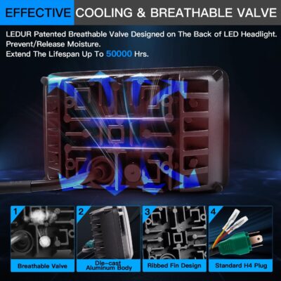 LEDUR 4x6 LED Headlights DOT Approved 4PCS Angel Eye Halo Turn Signal DRL Hi/Lo Sealed Beam Rectangle Headlight Replace H4651 H4652 H4656 H4666 H6545 for Kenworth T800 W900 Peterbilt 378 379 Truck Van - Image 6