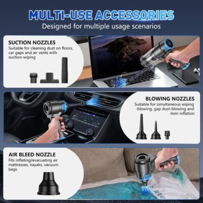 KMM Handheld Car Vacuum Cleaner, 16000PA Air Duster & Vacuum Cleaner, 120W High Power Hand Held Vacuum Cordless, Portable Vacuum Rechargeable with Multi-Nozzles & LED Light for Car, Home, Pet, Office - Image 6