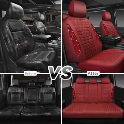 CAR PASS Bling Diamond Burgundy Leather Car Seat Covers Full Sets Interior Sets, Waterproof Shining Glitter Sparkly Crystal Universal Armrest Fit Automotive Truck SUV Cute Women Girl, Red Rhinestone - Image 6