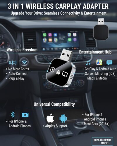 3 in 1 Wireless Carplay Adapter, Car Screen Mirroring Converter, 2026 Upgrade Mirror iOS Phone for iPhone/Airplay/Apple/Android, Bluetooth Auto Link, Wired to Wireless, Plug & Play (for iPhone) - Image 4