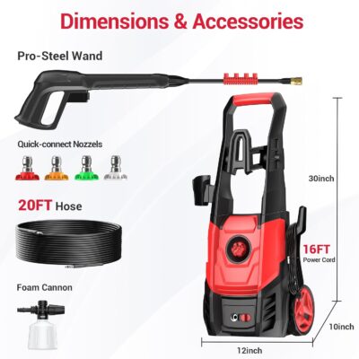 Electric Pressure Washer, 2.5 GPM Power Washer with Foam Cannon, Electric High Pressure Washer with 4 Quick Connect Nozzles for Cars, Driveways, Fences, Patios, Home Cleaning - Image 8