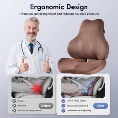 Coverado Memory Foam Car Seat Cushion and Lumbar Support Pillow for Car, Ergonomic Office Chair Cushion for Lower Back Pain Relief, Breathable & Non-Slip for Car, Home, and Office Use, Coffee - Image 4