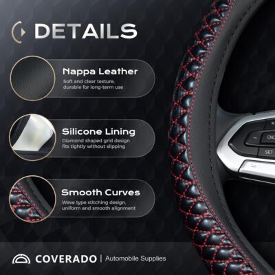 Coverado Car Steering Wheel Cover, Nappa Leather Black & Redline Steering Wheel Covers, Universal 14-15 inch, Anti-Slip, Breathable Steering Wheel Protector for Women Men - Image 2