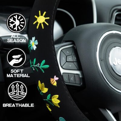 Embroidered Floral Bee Cute Black Steering Wheel Cover, Auto Anti-Slip Breathable Steering Wheel Protector,Floral Car Accessories for Women,Universal Size Fit Most Cars -15 inch - Image 3