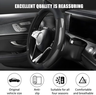Carbon Fiber Car Steering Wheel Cover, 15 Inch Leather Breathable Anti-Slip Vehicle Steering Wheel Protector, Automotive Interior Accessories, Universal for SUV Sedan Truck (Black) - Image 3