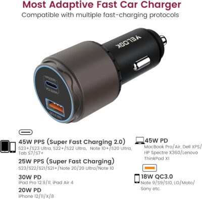 VELOGK Super Fast Type C Car Charger [73W Turbo], Fast Adaptive 55W 45W PPS/PD&QC3.0 USB C Car Adapter[Super Fast Charging 2.0]for Samsung S26 Ultra/S25 Ultra/S24 Ultra/S23 Ultra/S22+,iPad Pro,Macbook - Image 2