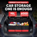 Simniam Large Trunk Organizer for Car, Foldable Multi Compartment Car Trunk Organizer with 2 Retractable Straps, Suitable for All Kinds of Cars, SUV, Minivan - 4 Compartments Red - Image 2