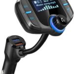Sumind 2026 Upgraded Wireless Bluetooth Car Adapter FM Transmitter, 1.7'' LCD Display, Flexible Gooseneck, 20W QC3.0&Dual USB Ports, AUX Input/Output for Hands-Free Call, Micro /TF Card(Black,Normal)