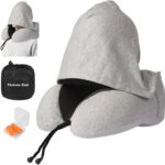Travel Neck Pillow with 100% Light-Blocking Hood – Ergonomic Memory Foam Support Pillow for Airplane, Long Flights, Road Trips, Office and Car, Full Head and Neck Support with Skin-Friendly Cover