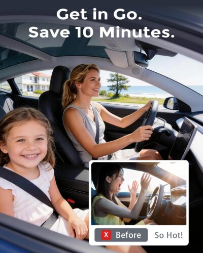 DMJN Umbrella Windshield Sun Shade for Tesla New Model Y Juniper, Y & 3, Car Sunshade for Front Windshield [Nano Ice-Crystal Coatings] UPF50+ Heat & UV Block, Protect Interior & Keep Cooler - Image 8