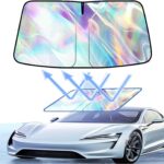 Windshield Sun Shade, car Front Windshield Sunshade with Mirror V-Cut, Foldable Front Car Sun Shield, Automotive Interior Sun Protection Fits Passenger Car, Sedans, SUV (Dazzling Laser)